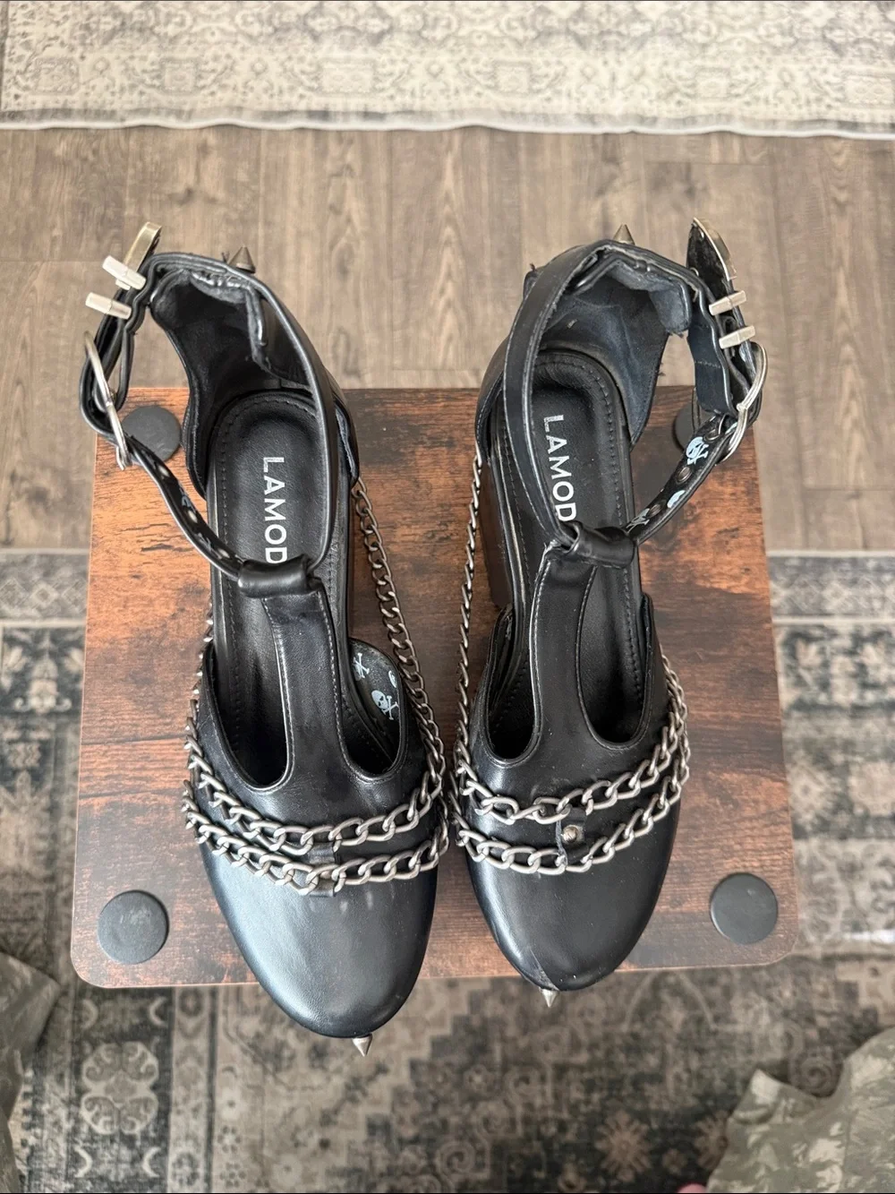 LAMODA Black Platform Mary Janes with Chain & Spike Accents
